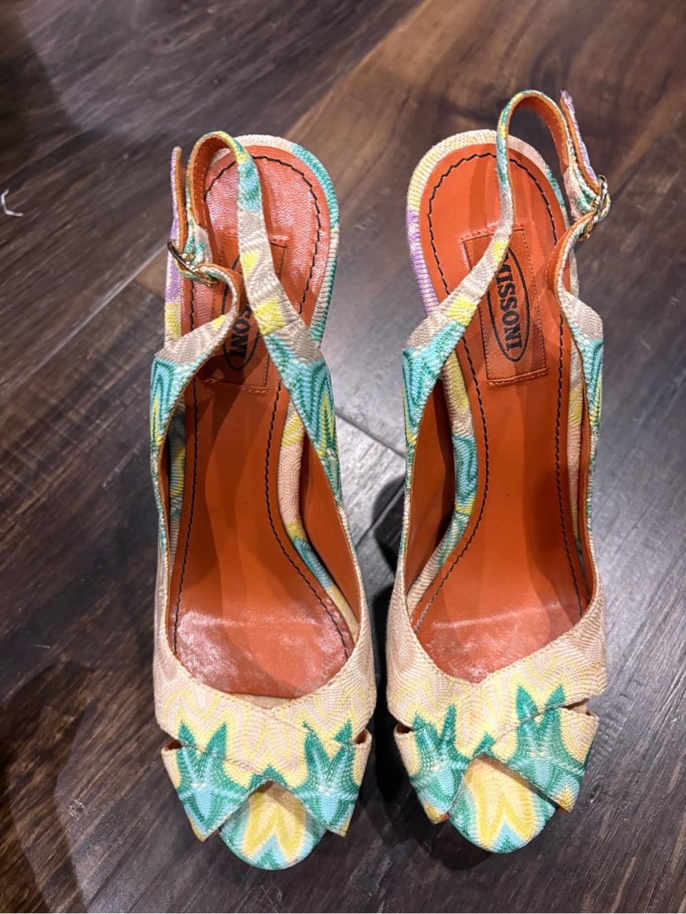 Missoni Yellow, Green & Orange Patterned Slingback Peep-Toe Heels